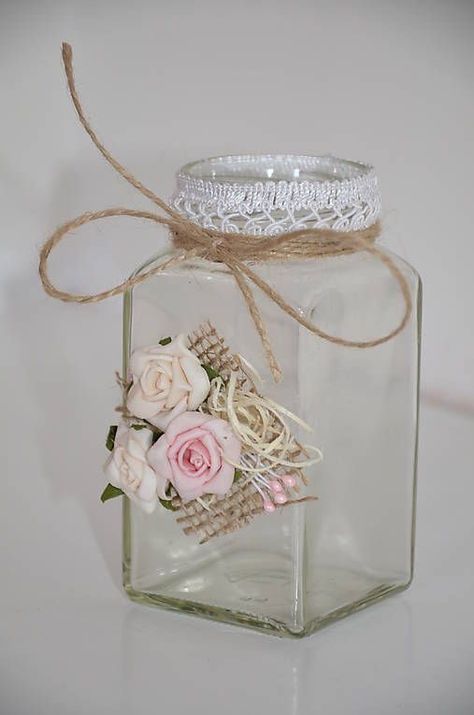 Deco Champetre, Tin Can Crafts, Jar Art, Diy Jar Crafts, Diy Bottle Crafts, Mason Jar Crafts Diy, Shabby Chic Crafts, Altered Bottles, Glass Bottle Crafts