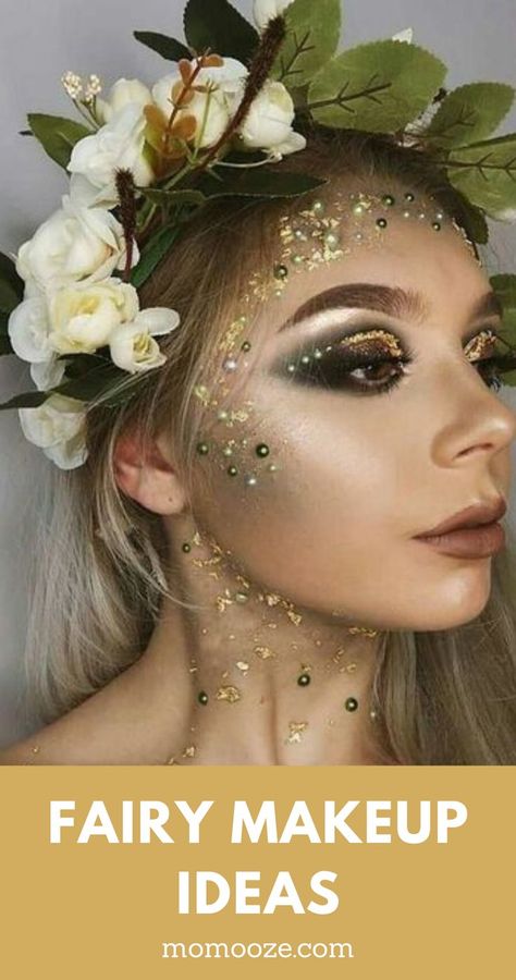 Fairy Makeup Ideas for Halloween Faerie Costume Halloween, Women’s Fairy Costume Ideas, Elf Makeup Halloween Woodland Fairy, Fairy Dress Up Ideas, Fairy Halloween Costumes Make Up, Fairy Core Halloween Costumes, Magical Costume Ideas, Mythical Fairy Costume, Halloween Costumes With Fun Makeup