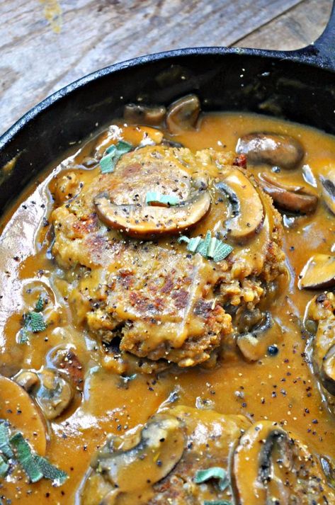 Vegan Lentil Salisbury Steak - Rabbit and Wolves Turkey Salisbury Steak, Salisbury Steak With Mushroom Gravy, Steak With Mushroom Gravy, Salisbury Steak Recipe, Vegan Lentil, Mushroom Gravy, Salisbury Steak, Vegan Main Dishes, Steak Recipe