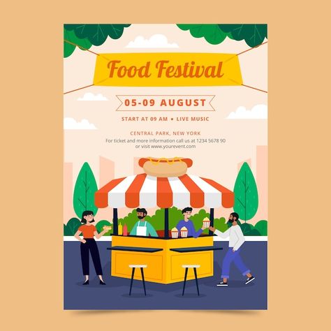 Free vector hand drawn flat food festiva... | Free Vector #Freepik #freevector #tasty-food #food-festival #delicious #tasty Food Stall Poster Design, Festival Drawing Ideas, Street Food Poster, Festival Brand Identity, Food Festival Poster, Festival Drawing, Festival Illustration, Promotional Ideas, Poster Template Free