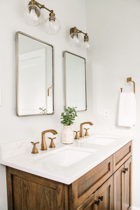 Fulgham Residence - Modern - Bathroom - Birmingham - by Reyner Construction, LLC | Houzz Bathroom Wood Floors, Gold Accent Bathroom, Wood Floor Bathroom, Bathroom Wood, New House Bathroom, Primary Bathroom, Primary Bath, Brass Bathroom, Wood Vanity