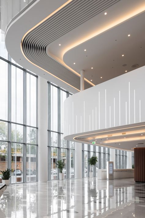 Celling Modern Design, Office Ceilings Modern, L Shaped Ceiling Design, Layered Ceiling Design, White Lobby Design, Square Ceiling Design, Hotel Ceiling Design, Office Design Ceiling, Ceiling Design Architecture