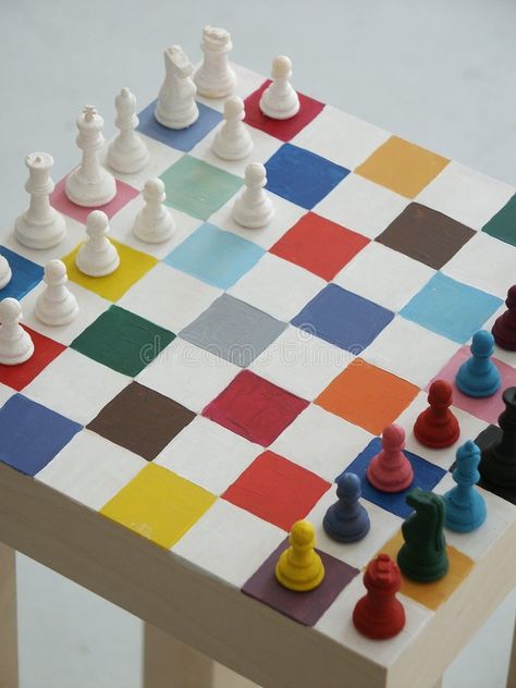 Chess Board And Pieces, Flat Chess Pieces, Colourful Chess Board, Chess Inspired Furniture, Funky Chess Board, Colorful Chess Board, Painted Chess Pieces, Colorful Chess Set, Painted Chess Set