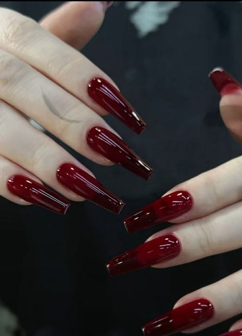 Gel Nails For Red Dress, Dark Red Acyrilics Nails, Mafia Wife Nails, Red Stone Nails, Clear Red Nails, Acrylic Nail Designs Coffin, Dark Red Nails, Clear Acrylic Nails, Red Acrylic Nails