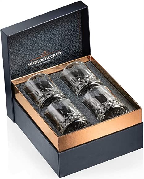 Whiskey Glasses Gift Set of 4 Rocks Glasses // 10oz Crystal Old Fashioned Whiskey Glasses with a Classy Gift Box // Perfect for Scotch, Bourbon, Cognac and Lowball Glass Cocktails // Best Whisky Gift Cocktail Gift Set, Old Fashioned Whiskey, Crystal Whiskey Glasses, Whiskey Glasses Set, Whiskey Lover Gifts, Whiskey Stones, Wedding Gifts Packaging, Cocktail Gifts, Rocks Glasses