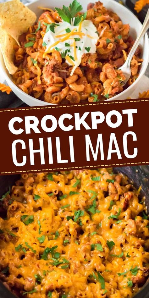 Crockpot Chili Mac is a comfort food dinner made with seasoned ground beef, beans, garlic, onion, and pasta all cooked up in one hearty meal. #Crockpotrecipes #crockpotdinner #slowcookerrecipes Crockpot Chili Mac, Mild Chili Recipe, Cheesy Chili Mac, Chili Mac Crockpot, Slow Cooker Chili Mac, Cheesy Chili, Chili Mac Recipe, Chili Mac And Cheese, Healty Dinner