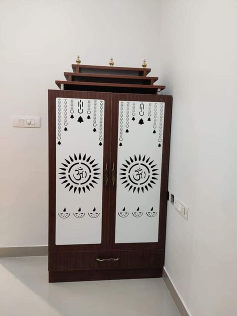 Temple Cupboard Design, Devudu Room Designs, Devudu Mandir Designs, Pooja Room Glass Door Design Indian, Pooja Mandir Modern Living Rooms, Pooja Cupboard Ideas Indian, House Temple Design Indian, Pooja Mandir Door Designs, Mandir Door Design For Home