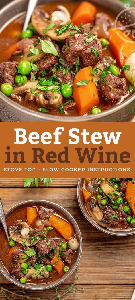 Hearty Beef Stew with Red Wine is made with chunks of beef chuck and vegetables stewed in a silky and rich red wine sauce, until meltingly tender and outrageously delicious. This crowd-pleasing red wine beef stew recipe is the perfect comfort food dish to enjoy during cold winter nights. Stove top/oven and slow cooker instructions provided! #lemonblossoms #stew #bourguignon #crockpot #slowcooker #recipe Beef And Red Wine Recipes, Crockpot Beefstew, Wolf Stew Recipe, Red Wine Stew Crockpot, Red Wine Stew, Christmas Stew Recipes, Beef Stew Crock Pot Recipes Slow Cooker, Recipes Using Red Wine, Beef Stew Crock Pot Recipes Red Wine