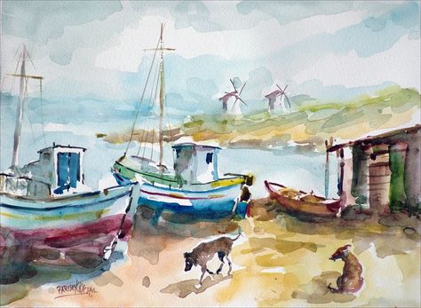 Bodrum Bay with fishing boats, some stray dogs, and windmills in the distance Watercolor Boat, Sailboat Painting, Boat Art, Lake Art, Boat Painting, Nautical Art, Watercolor Artists, Watercolor Sketch, Watercolor Inspiration