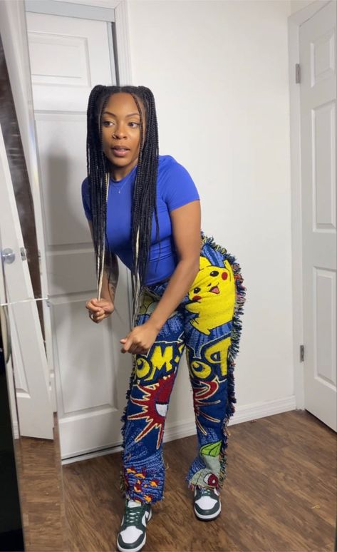 Girl with braids wearing blue top and thrifted DIY blanket pants and green and white Nike dunks in front of white background Blanket Pants Outfit, Pokemon Pants, Blanket Pants, Pokemon Blanket, Outfit Aesthetics, Cozy Outfits, Crochet Pants, Thrift Flip, Clothes Sewing Patterns