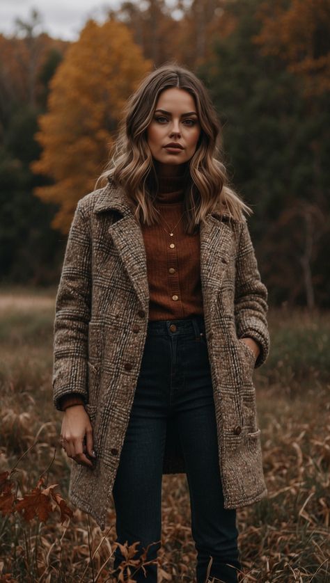 Woman wearing a stylish fall outfit with a plaid coat and turtleneck, standing outdoors with autumn leaves in the background Woman’s Fall Outfits 2024, Rustic Chic Outfits, Dark Autumn Accessories, Winter Countryside Outfits, Red Head Style Outfits, 70s Coat Outfit, Classic Womens Outfits, Outfits Fall 2024 Women, Cute Casual Winter Outfits For Women