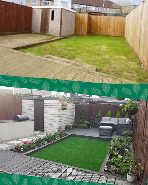 Garden before and after. Decking. Bar. Astroturf. Sleepers. Planters. Seating area. Shed. Cladding. Paving. Stones. Decking And Astroturf Ideas, Astroturf Backyard Ideas, Small Garden Makeover Before And After, Astroturf Patio, Before And After Garden Makeovers, Astroturf Garden Ideas, Astroturf Backyard, Garden Renovation Ideas, Small Garden Plans