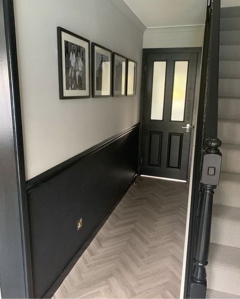 White Walls Black Woodwork, Dark Skirting Boards Hallway, Panelled Hallway Colour Ideas, Dark Grey Panelling Hallway, Hallway Paint Colors With Wainscoting, Half Black Hallway, Black And White Wall Panelling, Black Staircase Panelling, Black And White Paneling