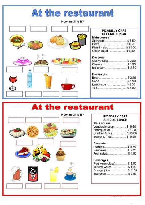 Pairwork - food - at the restaurant - English ESL Worksheets for distance learning and physical classrooms Money Math, English Worksheet, Food Cost, English Exercises, Cherry Desserts, At The Restaurant, English Games, Blue Card, English Classroom