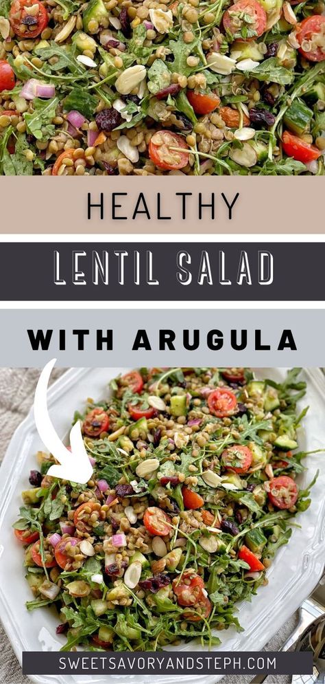 Rediscover a love and appreciation for lentils with this recipe. A great vegetarian and vegan meal, this healthy lentil salad with arugula is packed with nutrients; lentils are cooked in flavorful vegetable stock before adding in fresh tomatoes, cucumbers, red onion, and arugula. Arugula Lentil Salad, Lentil Tomato Salad, Stephs Packed Lunch Recipes, Vegan Arugula Recipes, Healthy Lentil Salad, Red Lentil Salad Recipes, Chickpea Arugula Salad, Warm Lentil Salad, Greek Lentil Salad