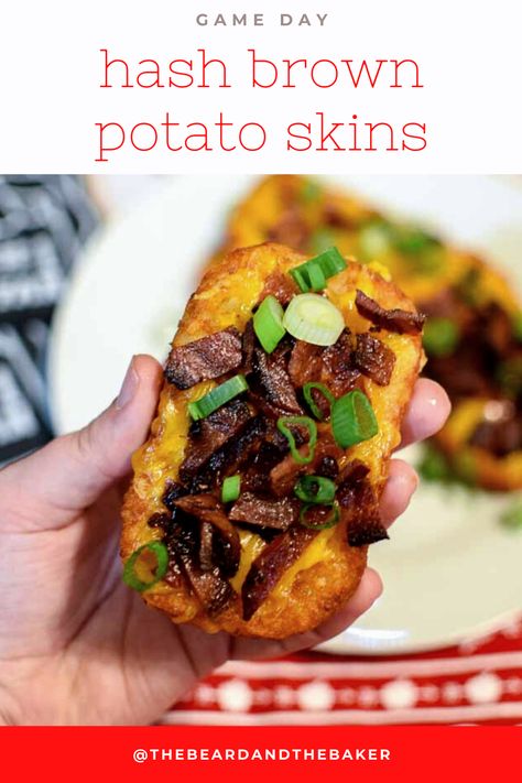 These loaded hash brown potato skins are made with frozen hash browns and topped with cheese, bacon, and green onions. Perfect for Game Day watching! #beardandbaker #potatoskins #loadedpotatoskins #hashbrowns #loadedhashbrowns #hashbrownpotatoskins Loaded Hashbrowns, Frozen Hash Browns, Hash Brown Patties, Savory Snack Recipes, Football Sunday, Hash Brown, Hash Browns, Potato Skins, Super Bowl Food