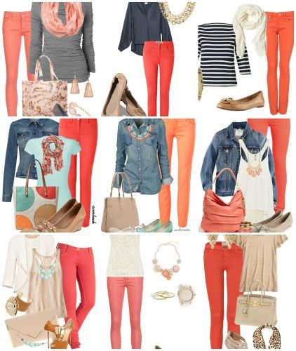 What I Wore - The Resourceful Mama Coral Pants Outfit Fall, Salmon Jeans Outfit, Coral Outfit Ideas Color Combos, Salmon Color Pants Outfit, Outfits With Coral Pants, Peach Pants Outfit Work, How To Wear Orange Pants, Coral Pants Outfit Work, Talbots Spring 2023