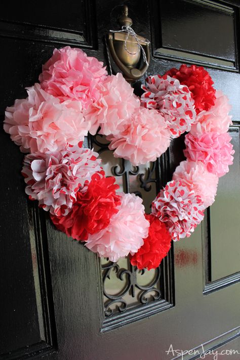 Tissue paper heart wreath tutorial. Inexpensive and pretty heart craft to make for Valentines. Super cute! Paper Heart Wreath, Heart Wreath Craft, Heart Wreath Tutorial, Tissue Paper Wreaths, Sweetheart Dance, Valentines Wreaths, Heart Shaped Wreath, Valentine Wreath Diy, Tissue Paper Crafts