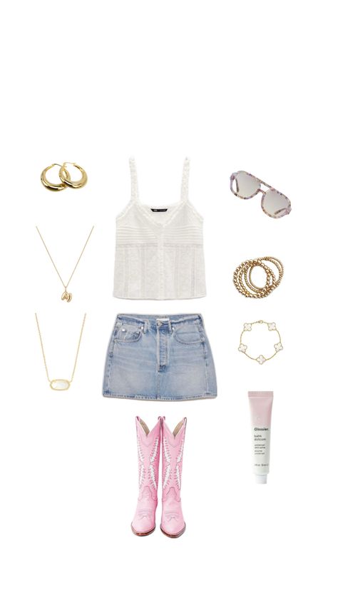 pink and white cowboy boots white zara top delicate jean skirt golden bracelet initial necklace kendra scott necklace sunglasses hoop earring glossier Cowboy Boots White, Necklace Kendra Scott, Pink Cowboy Boots, Golden Bracelet, White Cowboy Boots, Bracelet Initial, Kendra Scott Necklace, Boots White, Zara Top