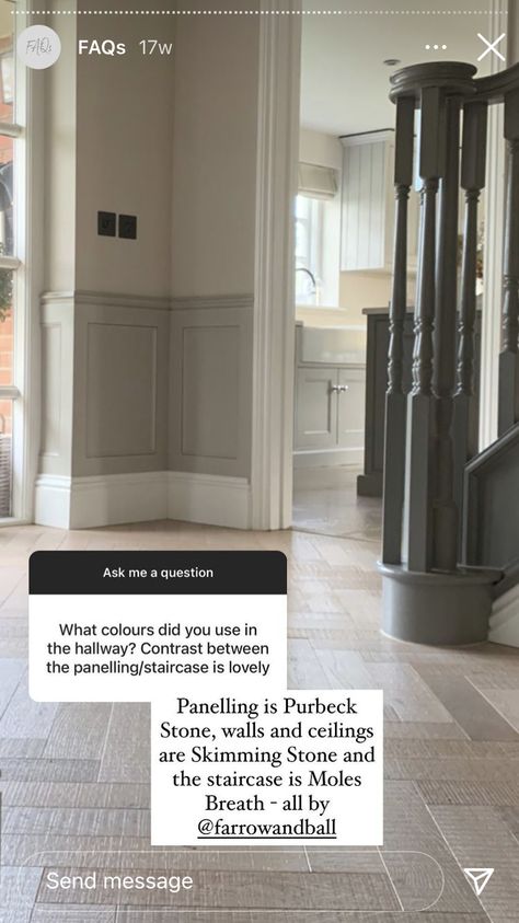 Stone Hallway, Stairs And Hallway Ideas, Hallway Panelling, Stair Paneling, Paint Color Combos, Skimming Stone, Stone Wall Panels, Hallway Colours, Purbeck Stone