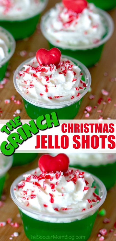 So much fun!! These Grinch Christmas Jello shots will be the hit of the holiday party!  #drinks #cocktails #Christmas #Christmasrecipes #recipes #holiday #desserts #jello #grinch Grinch Jello Shots, Grinch Jello, Christmas Dessert Drinks, Christmas Jello, Cocktails Christmas, Christmas Jello Shots, Holiday Party Drinks, Christmas Shots, Grinch Christmas Party