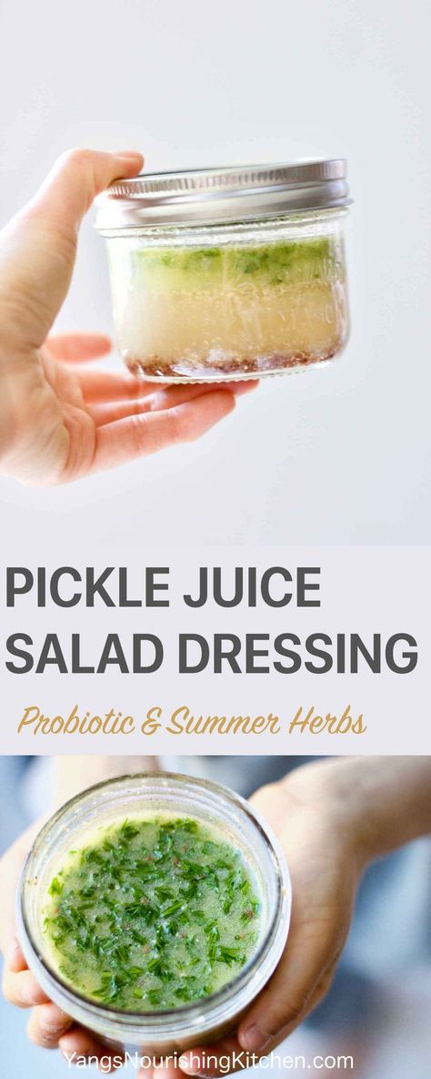 Don't toss that leftover pickle juice after you finish your pickles. Use it with summer herbs to make pickle juice salad dressing. When using fermented pickle juice, you are adding more beneficial bacteria, enzymes and nutrients into this pickle juice salad dressing that's both delicious and refreshing. Some people drink pickle juice straight. The risk of high sodium level can be mitigated by using pickle juice in dressing instead. I will also show you the differences of 2 kinds of pickle juice. Pickle Juice Salad Dressing, Pickle Juice Recipe, Leftover Pickle Juice, Pickle Juice Uses, Summer Herbs, Salad Dressing Recipes Homemade, Homemade Pickles, Pickle Juice, Homemade Salad Dressing