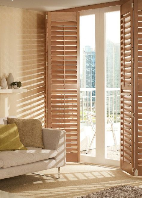 Taupe Shutters, Patio Door Shades, Patio Door Coverings, Patio Door Blinds, Wooden Window Shutters, Interior Window Shutters, Interior Simple, Door Coverings, Wooden Shutters