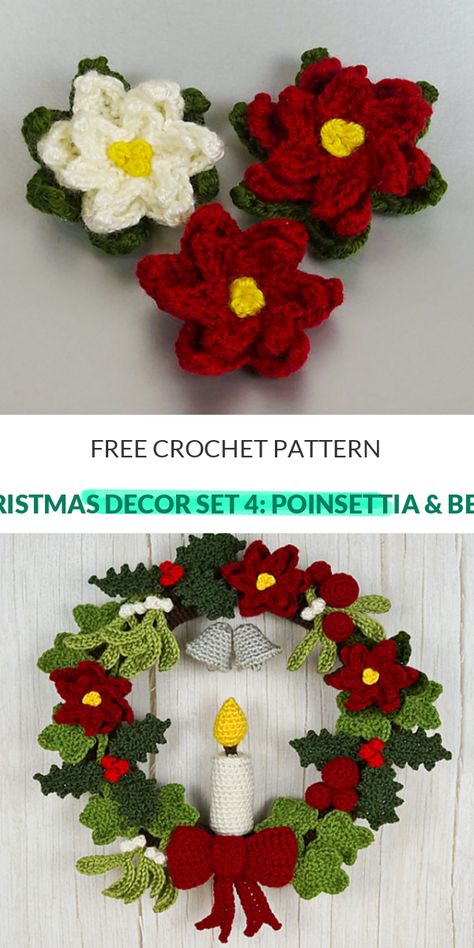 Crochet Poinsettias Free Patterns, Free Crochet Poinsettia Flower Pattern, Christmas Crochet Wreath Patterns Free, Christmas Wreath Crochet Patterns Free, Poinsettia Crochet Pattern Free, Crochet Christmas Wreath Free Pattern, Crochet Poinsettia Free Pattern, Bell Flower Crochet, Crochet Christmas Free Pattern