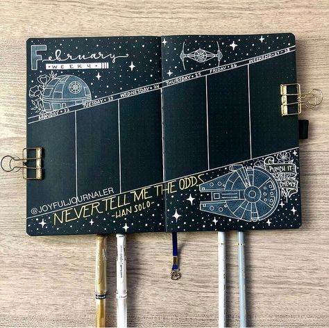 Black Bujo, Bullet Journal Weekly Spread Ideas, Never Tell Me The Odds, Weekly Spread Ideas, Journal Weekly Spread, Bujo Doodles, Bullet Journal Weekly, Book Reading Journal, Bullet Journal Hacks