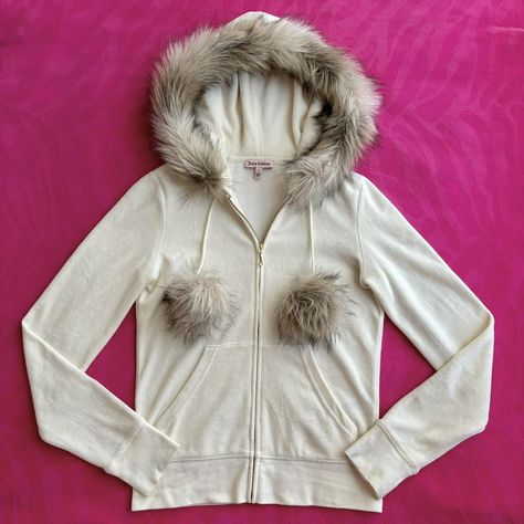 EXTREMELY RARE white/cream y2k juicy couture fur... - Depop Juicy Couture Winter Outfits, Y2k Winter Jacket, Fur Zip Up, Y2k Fur Jacket, Fur Lined Jacket Y2k, Y2k Fur Coat, Fur Trim Coat Y2k, Fur Hood Jacket Y2k, 2000s Juicy Couture