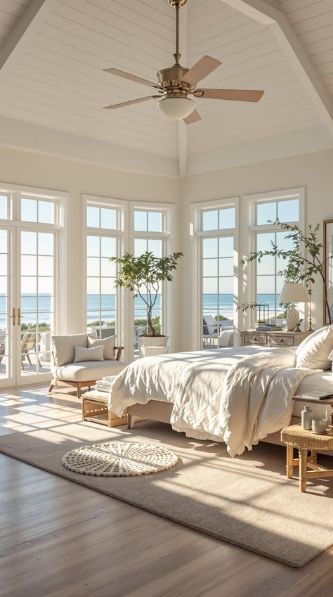 A bright coastal master bedroom with large windows and ocean views. Aesthetic Beach House Bedroom, Beach Themed Bedrooms Master, Beach Master Bed, Beach Hamptons Bedroom, Miami Beach Bedroom, Ocean View Bedroom Master Suite, Coastal Luxury Bedroom, Coastal Interiors Design Bedroom, Hamptons House Bedroom