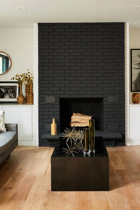 Flat Black Fireplace, Painting A Brick Fireplace Black, White Room Black Fireplace, Paint Black Fireplace, Painting House Black, Black Brick Fireplace With Built Ins, Cracked Pepper Fireplace, White And Black Brick Fireplace, Charcoal Color Fireplace