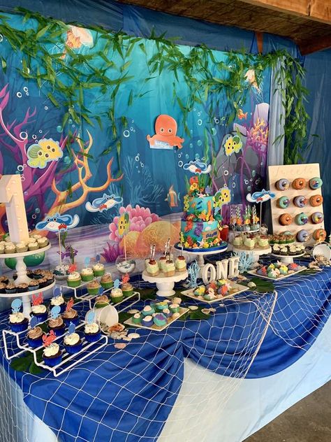 Under the Sea 1st Birthday | CatchMyParty.com Underwater Birthday Decorations, Backyard Under The Sea Party, Under The Sea 1 Year Birthday Party, Under Sea Birthday Party Decorations, Under The Sea Birthday Party 2, Sea World Theme Birthday Party, Under The Sea Pool Party Ideas, Sea World Birthday Party, Underwater Sea Birthday Party