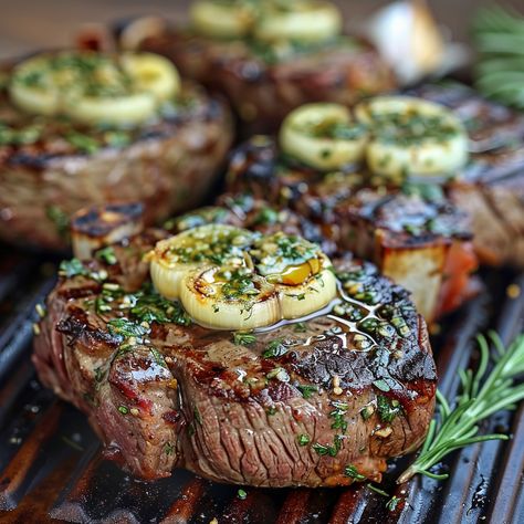 Ribeye On Traeger Grill, Cap Steak Recipes, Garlic Butter For Steak, Home Dinner Date Ideas, Southwest Eggrolls Recipe, Herb Butter Steak, Steak Party, Pork Filet, Eggrolls Recipe