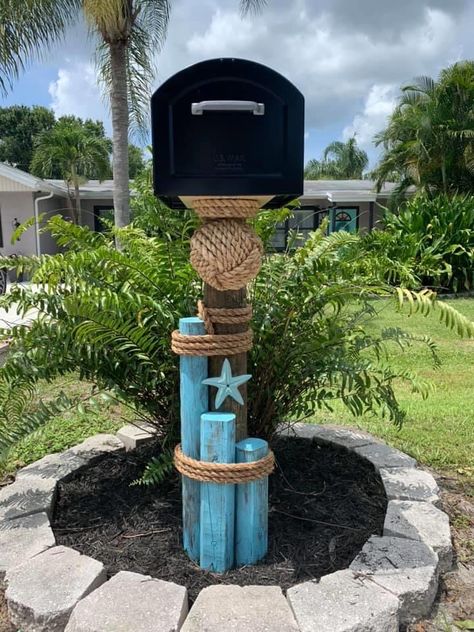 Nautical Mailbox Ideas, Nautical Yard Decor, Nautical Garden Ideas, Nautical Mailbox, Coastal Mailbox, Nautical Landscaping, Beach Mailbox, Beach House Landscaping, Nautical Outdoor Decor