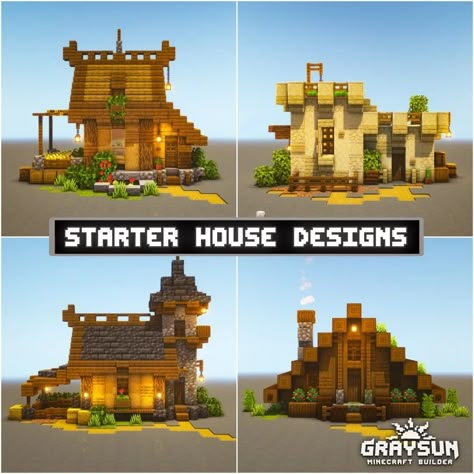 4 deisgn of starter base house for minecraft. Starter Survival Base Minecraft, Starter Base Minecraft Ideas, Cute Minecraft Starter Base, Better Village House Minecraft, Mc Starter Base, Minecraft Starter Base Ideas Survival, Medieval Starter House Minecraft, Minecraft Taiga Base, Savana Minecraft House