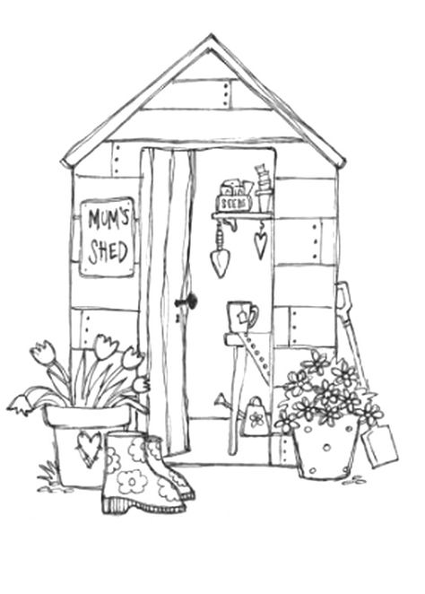 Shed Drawing, Garden Shack, Line Art Coloring, Art Coloring Book, House Drawing, Digi Stamps, Book Page, Coloring Book Pages, Doodle Drawings