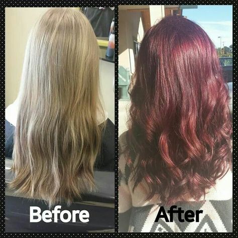 From blonde to a deep red Blonde To Wine Red Hair, Blonde To Deep Red Hair, Blonde On Top Dark Red Underneath, Blonde To Dark Red Hair Before And After, Dark Red To Blonde Ombre Hair, Deep Red Hair, Dark Red Hair, Deep Red, Dark Red