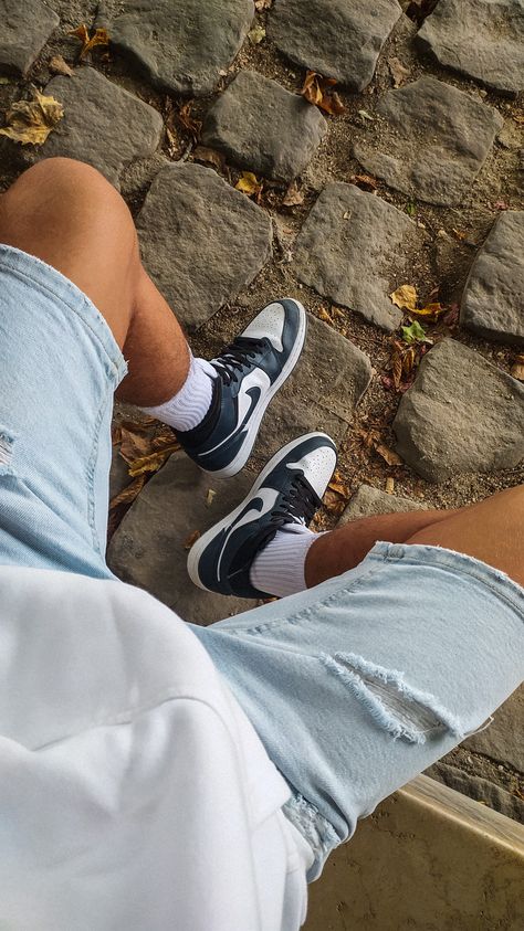 Navy Jordan 1 Outfit, Jordan 1 Mid Outfit, Blue Sneakers Outfit, Air Jordan 1 Mid Blue, Jordan 1 Mid Blue, Blue Outfit Men, Air Jordan 1 Blue, Air Jordan Mid, Navy Blue Outfit