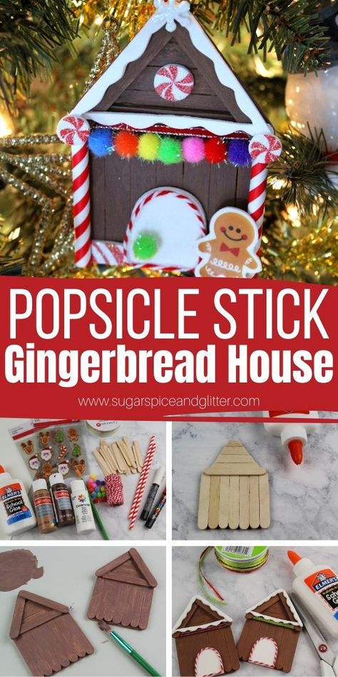 Popsicle Stick Gingerbread House, Gingerbread House Craft, Popsicle Stick Christmas Crafts, Gingerbread Diy, Gingerbread Crafts, Stick Crafts, Gingerbread Ornaments, Christmas Arts And Crafts, Fun Christmas Crafts