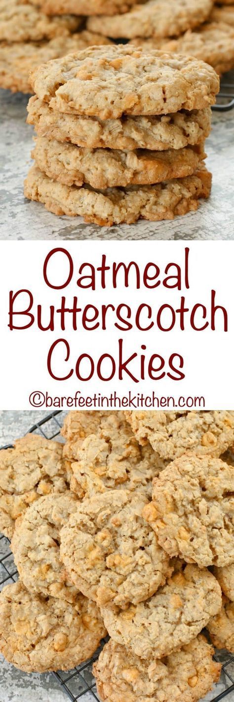 Oatmeal Butterscotch Cookies stay soft and chewy for days! get the recipe at barefeetinthekitchen.com Oatmeal Butterscotch, Oatmeal Cookies Recipes Easy, Yummy Oatmeal, Oatmeal Butterscotch Cookies, Cookies Oatmeal, Butterscotch Cookies, Oatmeal Cookie Recipes, Butterscotch Chips, Crinkle Cookies