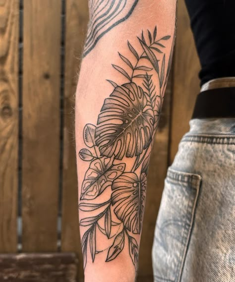 Alocasia Plant Tattoo, Plant Forearm Tattoo, Tropical Bird Tattoo, Jungle Leaves Tattoo, Tropical Plant Tattoo, Shoulder Flower Tattoos For Women, Plant Tattoo Men, Palm Leaves Tattoo, Monstera Plant Tattoo