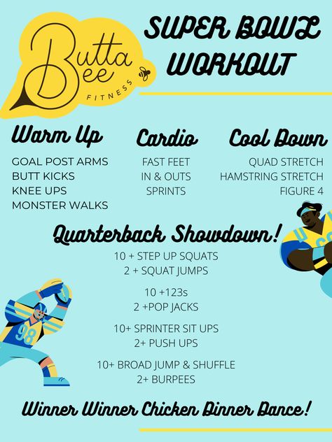 Whether you watch the Super Bowl for the game, the commercials, or the halftime show, there's one thing a Super Bowl will never be without... 🍺 BEER, NACHOS, & A GOOD PARTY! 🥳 Join ButtaBeeFitness' Queen Bee Cree for a FREE 30 min football themed workout to the tunes of Halftime Show performer, The Weeknd. 🏈 Super Bowl Workout, Themed Workouts, Warm Up Cardio, Quad Stretch, Hamstring Stretch, Halftime Show, Knee Up, Jump Squats, Queen Bee