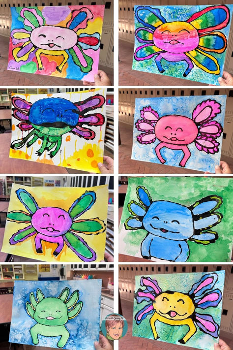 Axolotl art activity for kids using watercolors, salt, and black glue. Kawaii Art Projects, Axolotl Activities For Kids, Axolotl Art Project, Axolotl Crafts For Kids, Kinder Art Projects, Grade 1 Art Ideas, Axolotl Craft, Art Curriculum Map, Second Grade Art