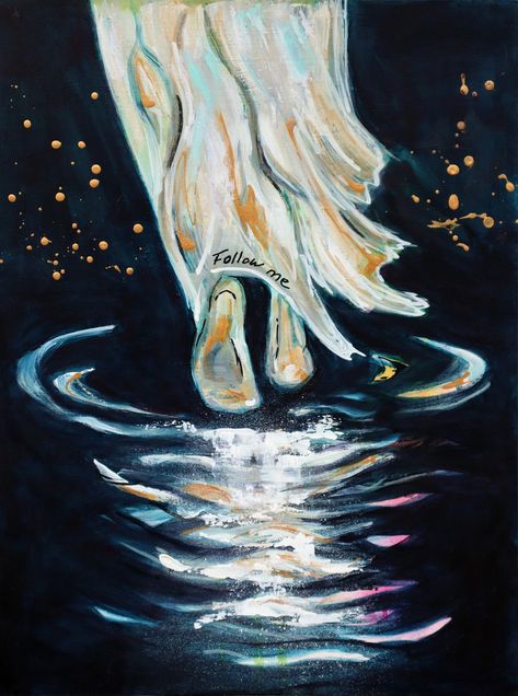 Inspirational art Follow me says Jesus. There is nothing to fear as long as you keep your focus on the one who walks on water.  Original is 12 in. X 16 in. X 1 inch painted on birch wood panel. Print of original artwork available.   HOW TO ORDER A PRINT: ✦ CHOOSE a size: 8 (W) X 12 (H) inches 12 (W) X 18 (H) inches 16 (W) X 24 (H) inches 20 (W) X 30 (H) inches ✦  CHOOSE a print finish:   1) Premium archival matte paper (fine art paper) comes with an extra 1,75 white border, unframed (will need frame); or 2) Stretched on mounted canvas print (1,5 inch border depth), ready to hang. 3)  Stretched on mounted canvas print (1,5 inch border depth) with black floater frame, ready to hang. ✦  SHIPPED within 2-15 days, carefully packaged.  ✦  MORE artworks here https://www.etsy.ca/ca/shop/angelabiss Jesus Walking On Water Painting, Painting Ideas On Canvas Christian Faith, Faith Paintings Canvas, Jesus Painting Canvases, Christian Murals, Bible Painting Ideas, Jesus Painting Easy, Christian Art Ideas, Abstract Christian Art