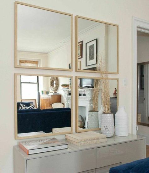 4 Square Mirrors On Wall Decor, Mirror And Print Wall, Mirror And Frames On Wall, Ikea Mirrors Ideas Squares, Small Square Mirror Wall Decor, 4 Mirrors On Wall Decor, Mirror Squares Wall, Grid Mirror Wall, Large Mirror In Dining Room