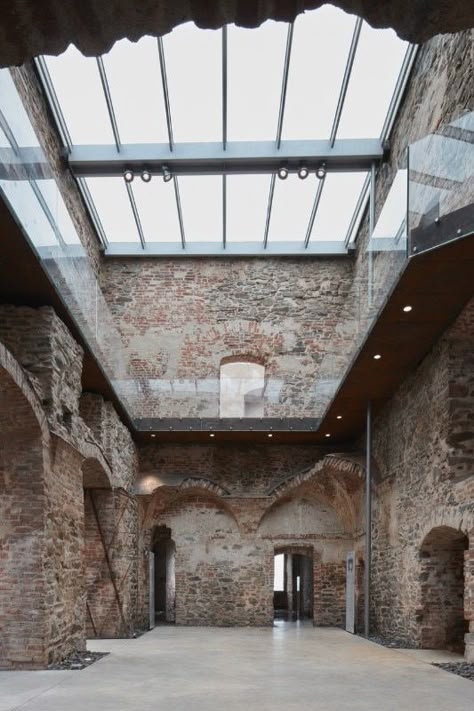 Ruins Architecture, Architecture Renovation, Renovation Architecture, Building Renovation, Castle Ruins, Adaptive Reuse, Glass Roof, Stone Walls, Corten Steel