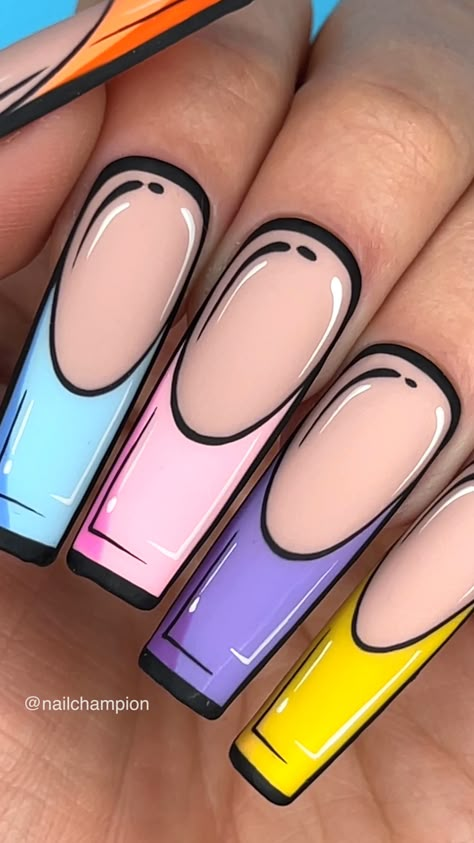 Pop Up Art Nails, Cartoon Nail Trend, Cartoon Effect Nails, Long Hair Pretty Nails, Pop Nail Art Designs, Pop Up Nails, Pop Up Nail Art, Cartoon French Tip Nails, Nail Inspo Cartoon