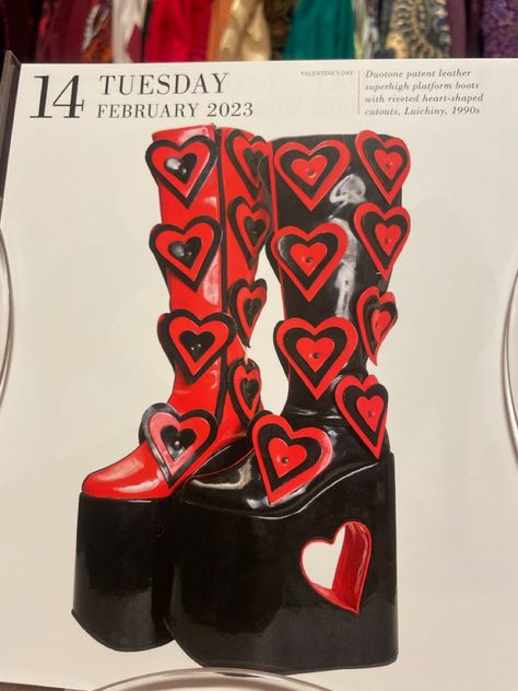 red and black duotone patent leather super high platform boots with riveted heart-shaped cutouts Platform Boots Drawing Reference, Platform Boots Drawing, Weird Heels, Patent Leather Platform Boots, Strange Shoes, Weird Shoes, Lizzie Hearts, Leather Platform Boots, Alt Clothes