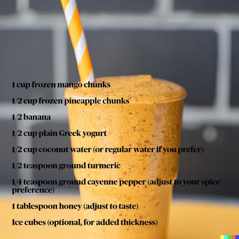 The Firecracker Fusion Smoothie is a vibrant explosion of flavors, combining the tropical allure of frozen mango and pineapple with a fiery kick of cayenne pepper. This colorful concoction is a sweet and spicy dance of yellow and orange, with a dash of turmeric adding a golden touch. Follow for daily smoothies! Mango And Pineapple, Frozen Mango, Mango Chunks, Coconut Smoothie, Frozen Pineapple, Ground Turmeric, Cayenne Pepper, Healthy Juices, Plain Greek Yogurt